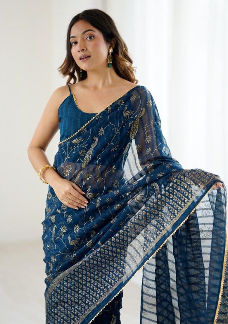 Navy Blue Foil Work Georgette Saree Set - Indya