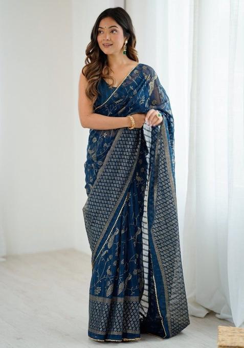 Navy Blue Foil Work Georgette Saree Set