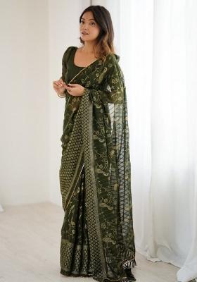 Green Foil Work Georgette Saree Set