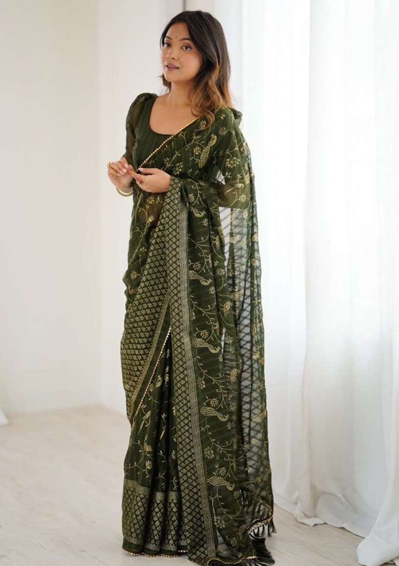Green Foil Work Georgette Saree Set for Diwali | Wedding & Festive Wear - Indya