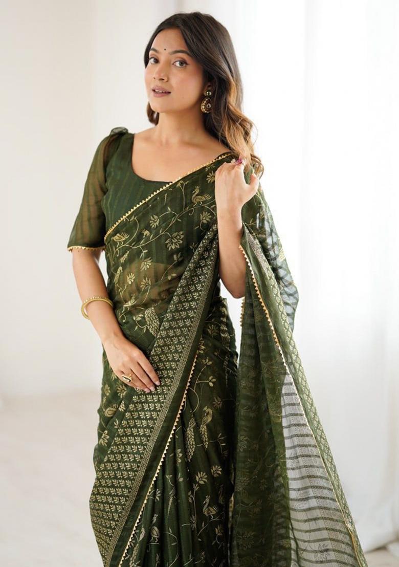Green Foil Work Georgette Saree Set - Indya