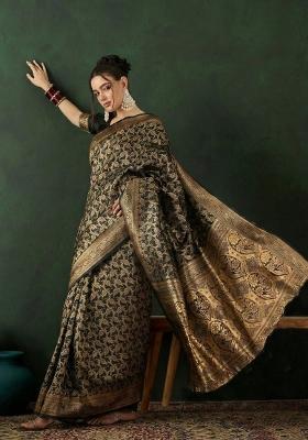 Black Jacquard Silk Saree Set