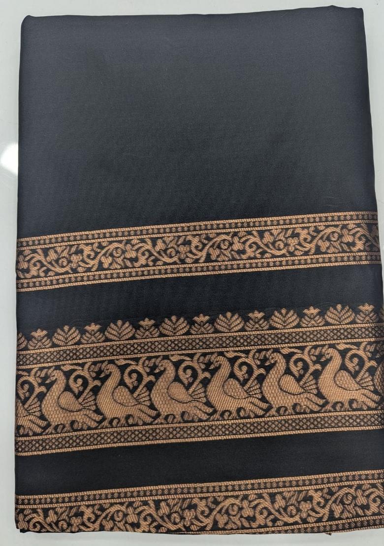 Black Jacquard Silk Saree Set - Indya
