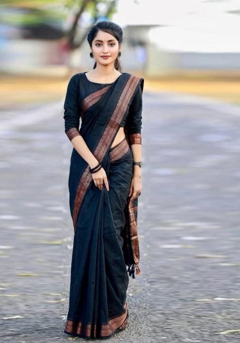 Black Jacquard Silk Saree Set