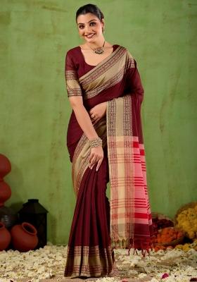 Maroon Solid Cotton Saree Set
