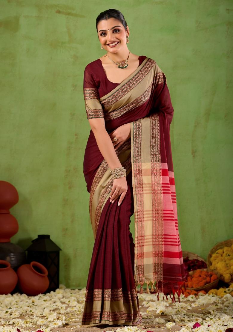 Maroon Solid Cotton Saree Set - Indya
