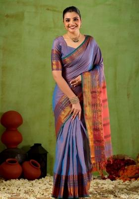 Lavender Solid Cotton Saree Set