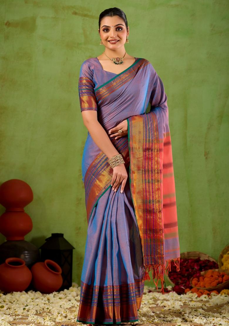 Lavender Solid Cotton Saree Set - Indya