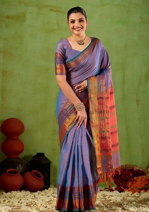 Lavender Solid Cotton Saree Set
