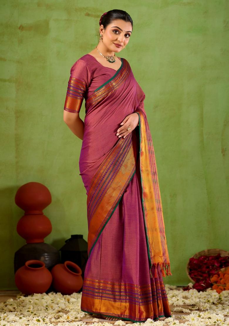 Pink Solid Cotton Saree Set - Indya