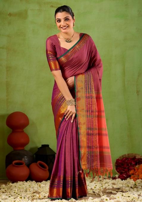 Pink Solid Cotton Saree Set