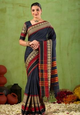 Black Solid Cotton Saree Set