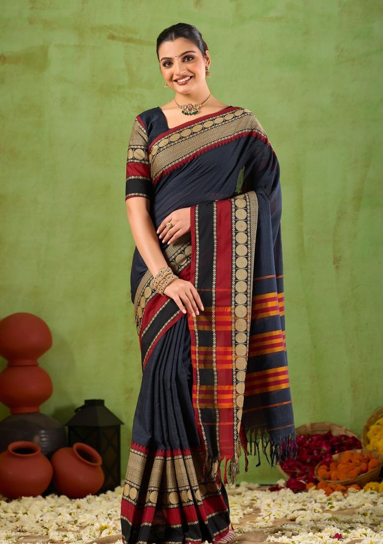 Black Solid Cotton Saree Set - Indya