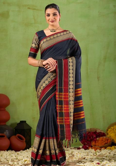Black Solid Cotton Saree Set