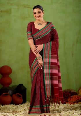 Maroon Solid Cotton Saree Set
