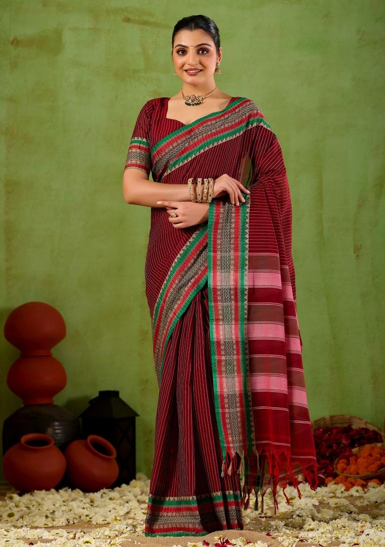 Maroon Solid Cotton Saree Set - Indya