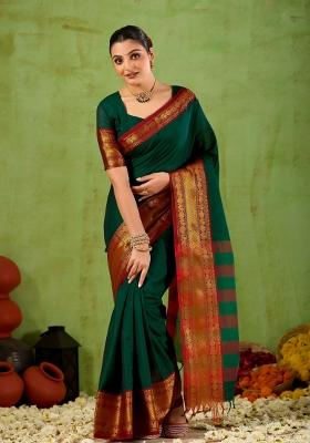 Green Solid Cotton Saree Set