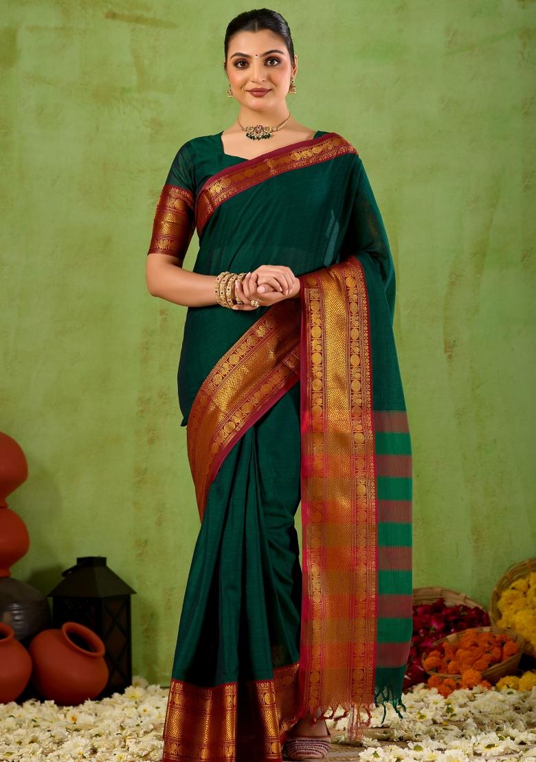 Green Solid Cotton Saree Set - Indya
