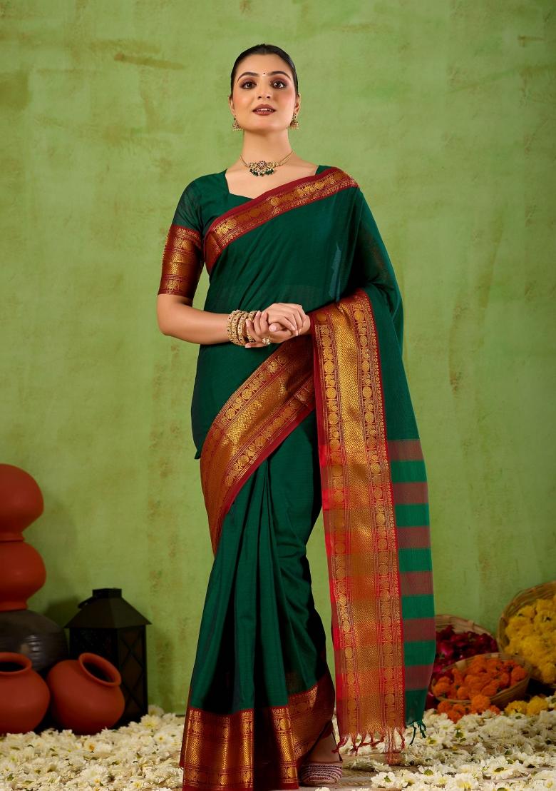 Green Solid Cotton Saree Set - Indya