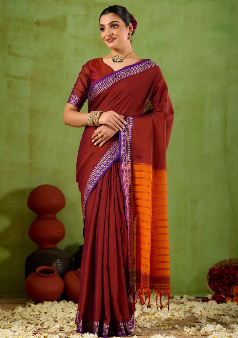 Maroon Solid Cotton Saree Set - Indya