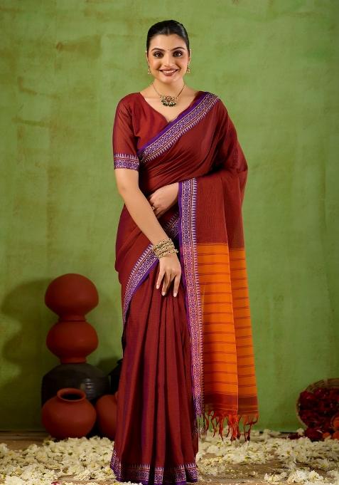Maroon Solid Cotton Saree Set
