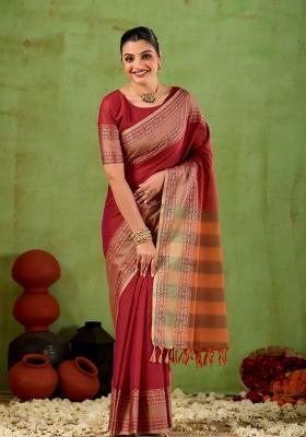 Maroon Solid Cotton Saree Set