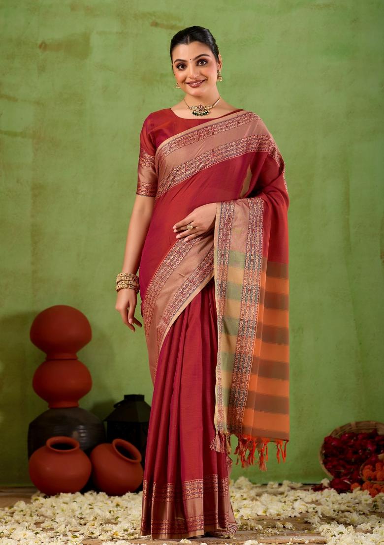Maroon Solid Cotton Saree Set - Indya