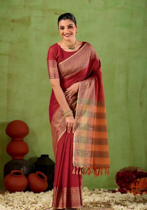 Maroon Solid Cotton Saree Set