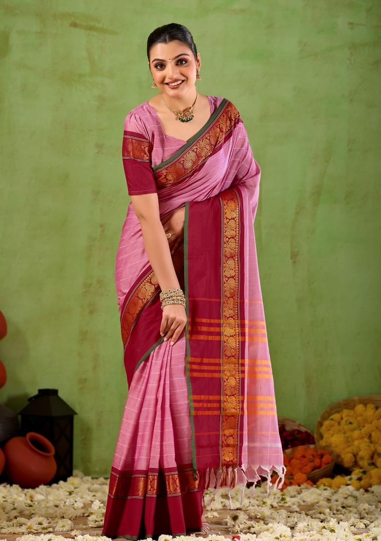 Pink Solid Cotton Saree Set - Indya