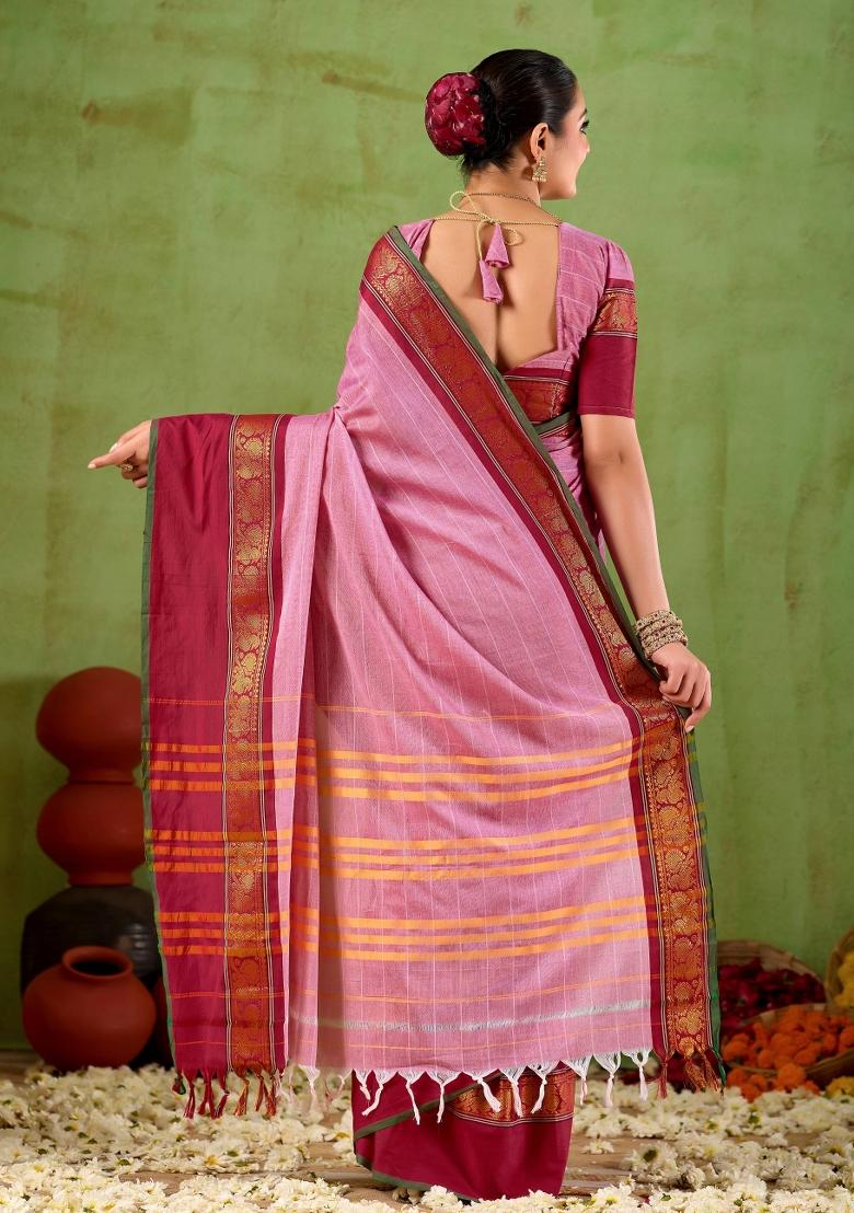 Pink Solid Cotton Saree Set - Indya