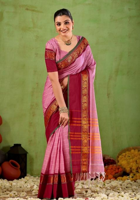Pink Solid Cotton Saree Set