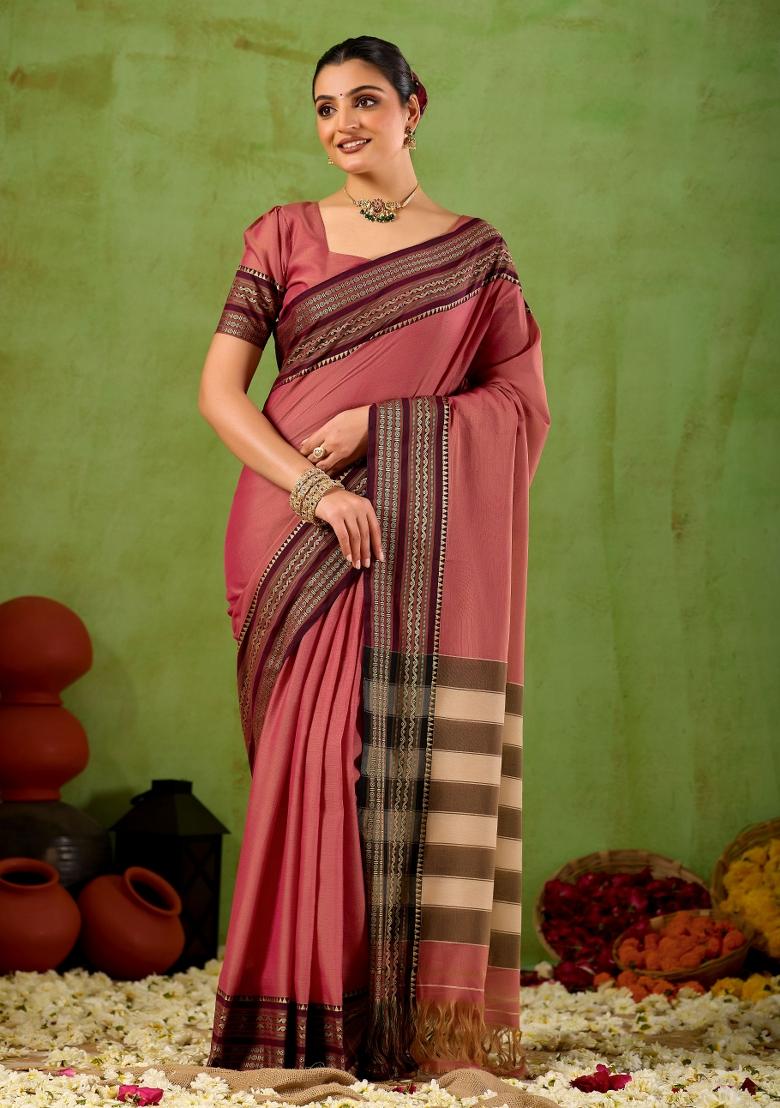 Pink Solid Cotton Saree Set - Indya