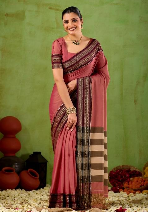 Pink Solid Cotton Saree Set