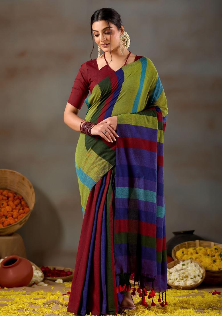 Gold Solid Cotton Saree Set - Indya