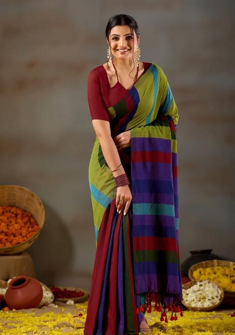 Gold Solid Cotton Saree Set