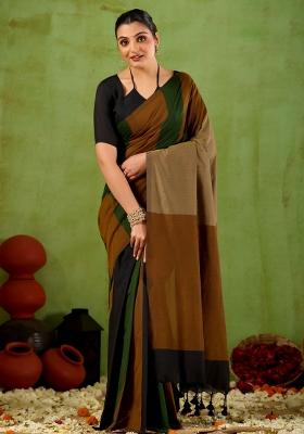 Green Solid Cotton Saree Set
