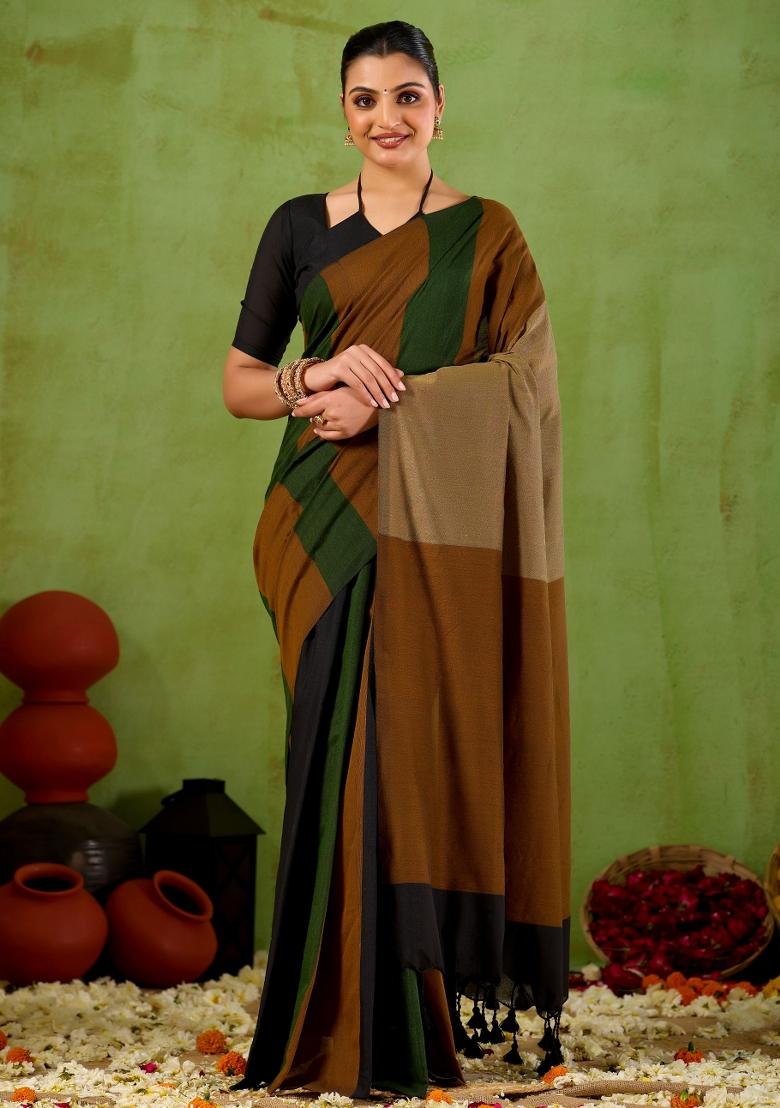 Green Solid Cotton Saree Set - Indya
