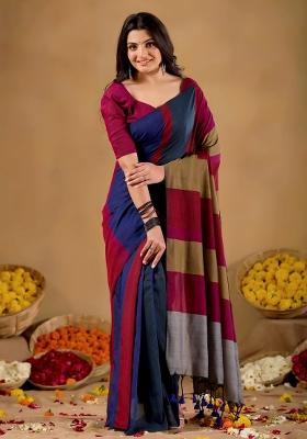 Grey Solid Cotton Saree Set