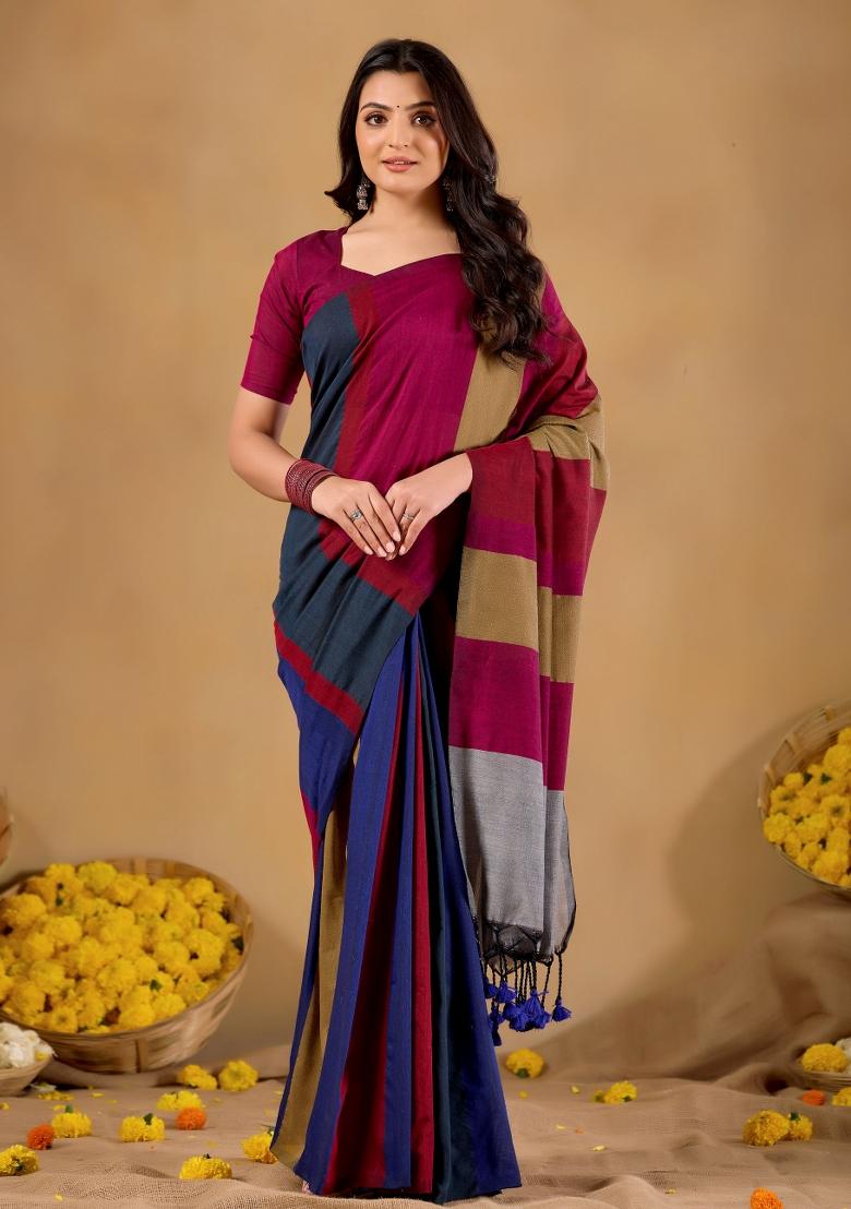Grey Solid Cotton Saree Set - Indya