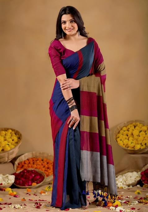 Grey Solid Cotton Saree Set