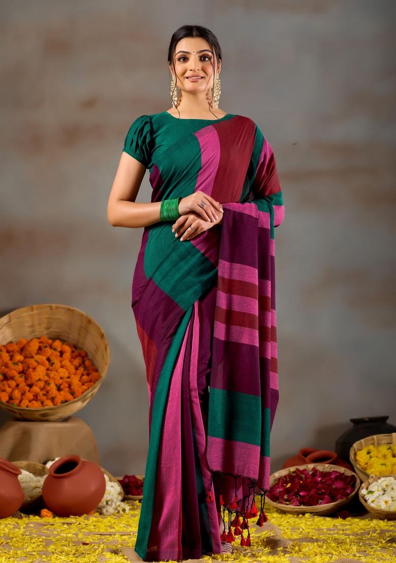 Multi Solid Cotton Saree Set - Indya