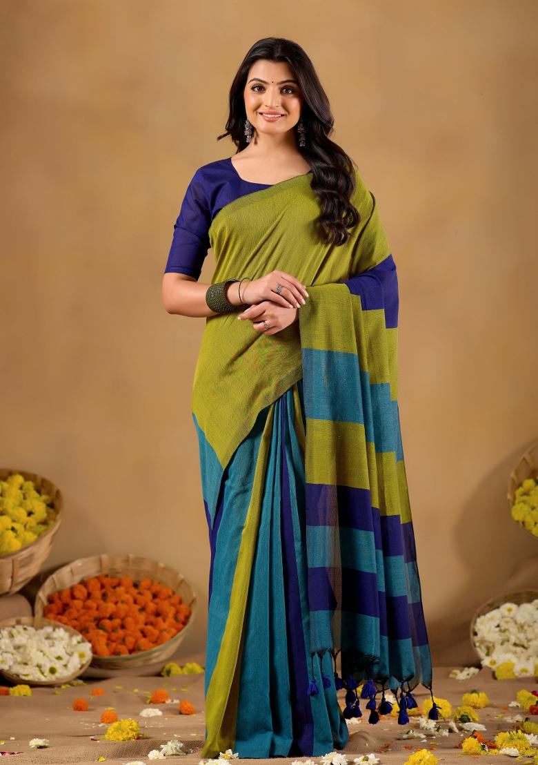 Navy Blue Solid Cotton Saree Set - Indya