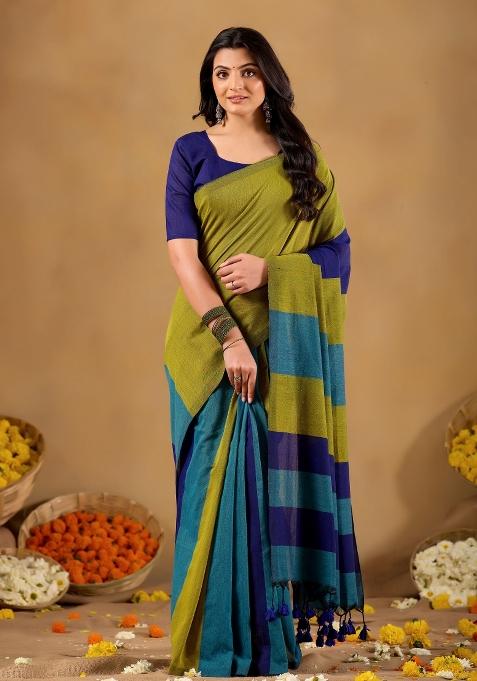 Navy Blue Solid Cotton Saree Set