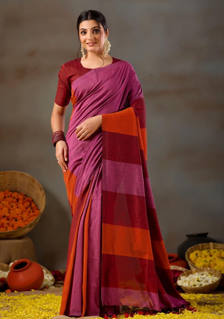 Pink Solid Cotton Saree Set - Indya