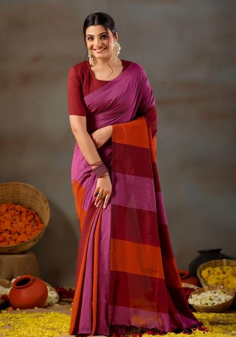 Pink Solid Cotton Saree Set