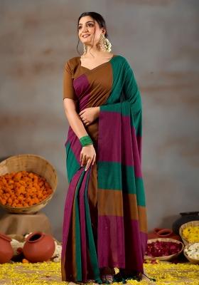 Green Solid Cotton Saree Set