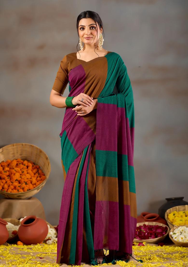 Green Solid Cotton Saree Set - Indya