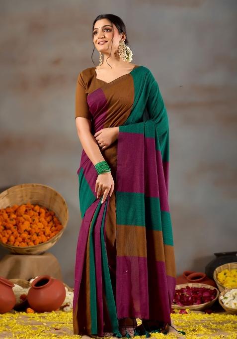 Green Solid Cotton Saree Set