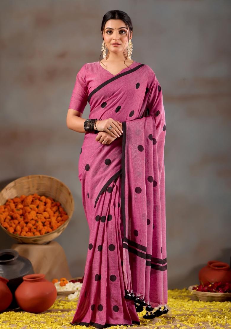 Pink Solid Cotton Saree Set - Indya