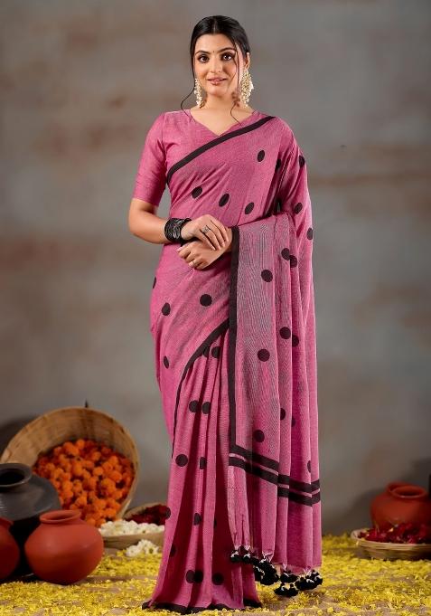 Pink Solid Cotton Saree Set